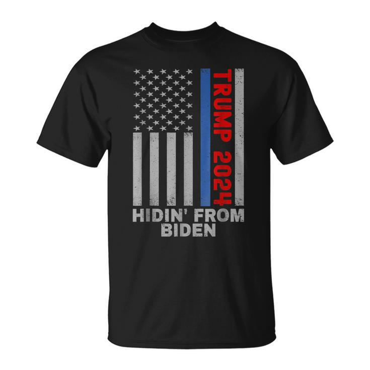 Trump 2024 Hiding From Biden Usa Flag Thin Blue Line T-shirt
