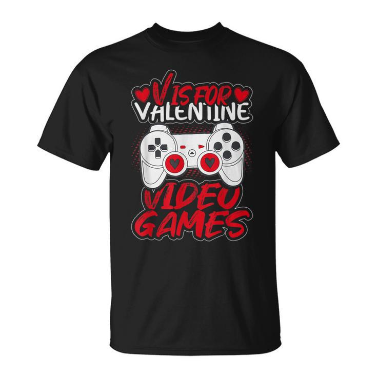V Is For Video Games Gamer Kids Boys Valentines Day T-Shirt