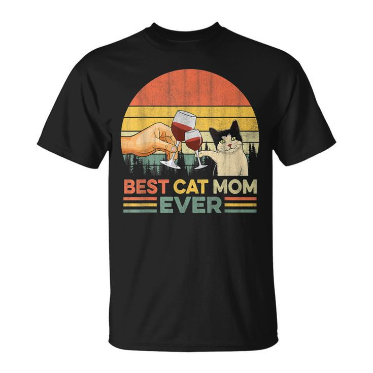 Vintage Best Cat Mom Ever Wine Drinking Women T-Shirt