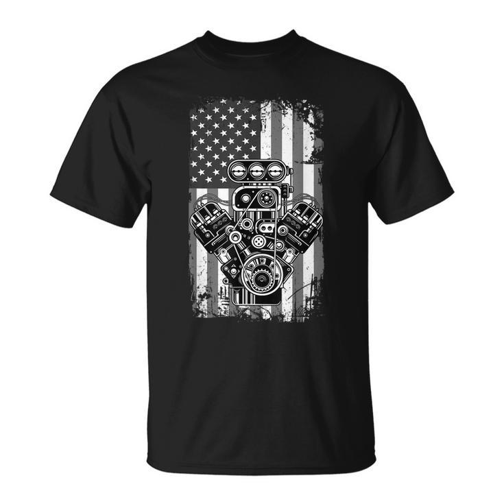 Vintage Muscle Car Piston American Flag Mechanic T-Shirt