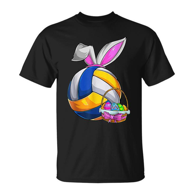 Volleyball Easter Bunny Ears Easter Eggs Hunting Basket Men's Back Print  T-shirt