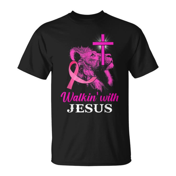 Walking With Jesus Lion Christian Cross Breast Cancer Women T-Shirt
