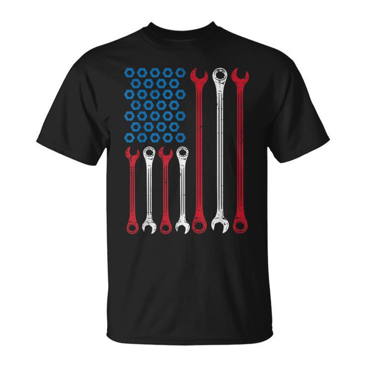Wrench Flag Vintage Fathers Day Patriotic Mechanic Dad Men Unisex T-Shirt