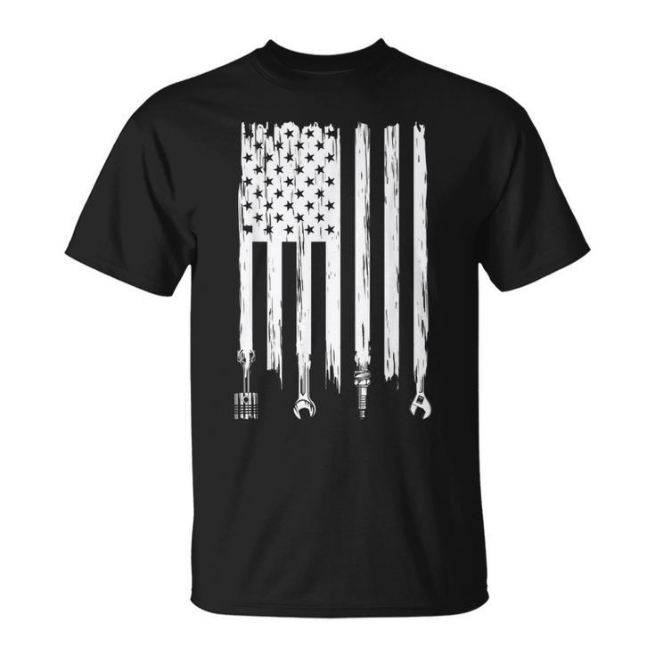 Wrench Piston American Flag Fathers Day Car Mechanic Garage Unisex T-Shirt