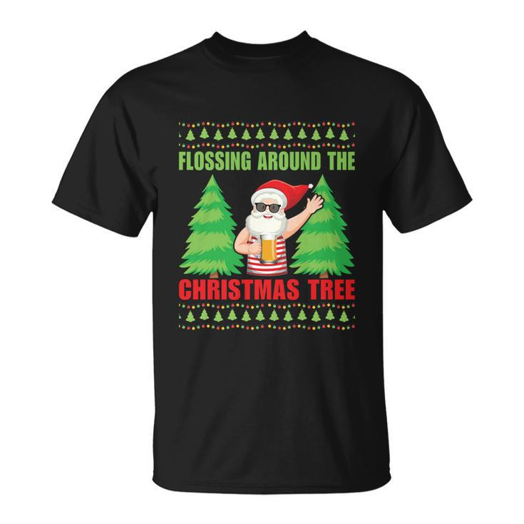 Xmas Santa Floss Around Christmas Tree Gift Ugly Christmas Unisex T-Shirt