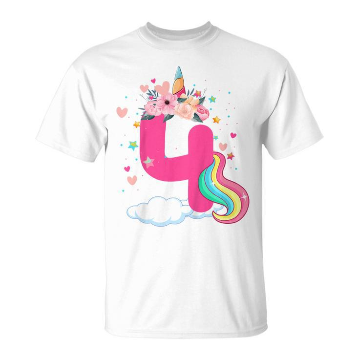 4 Year Old 4Th Birthday Girls Unicorn Face Flower T-shirt
