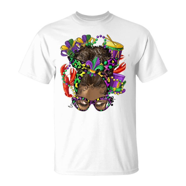 Afro Messy Bun Mardi Gras Crawfish Beads Mardi Gras Lover T-Shirt