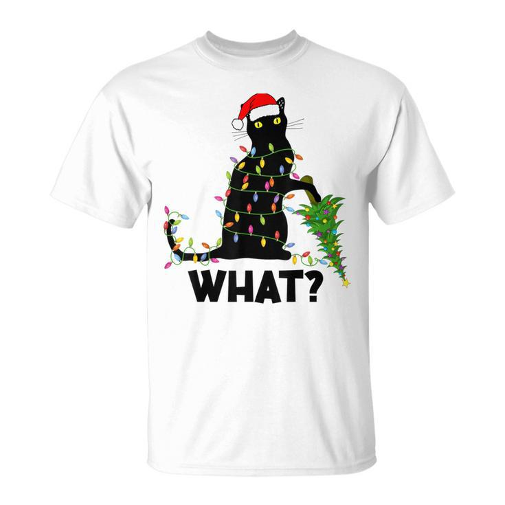 Black Cat Pushing Christmas Tree Over Cat Christmas T-shirt