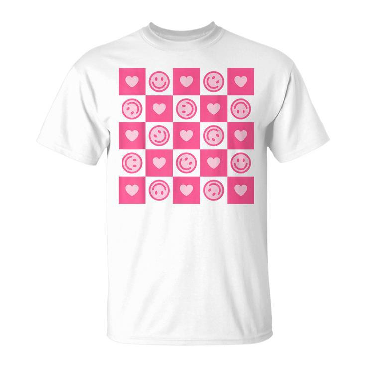 Checkered Smile Happy Face Checkerboard Indie Aesthetic Pink  Unisex T-Shirt