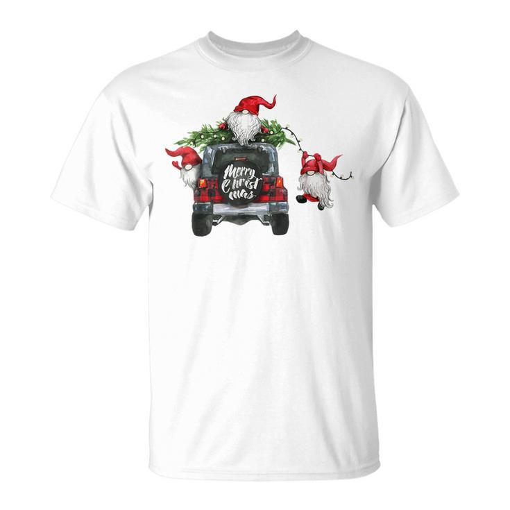 Christmas Gnome On Red Plaid Truck Merry Xmas T-shirt