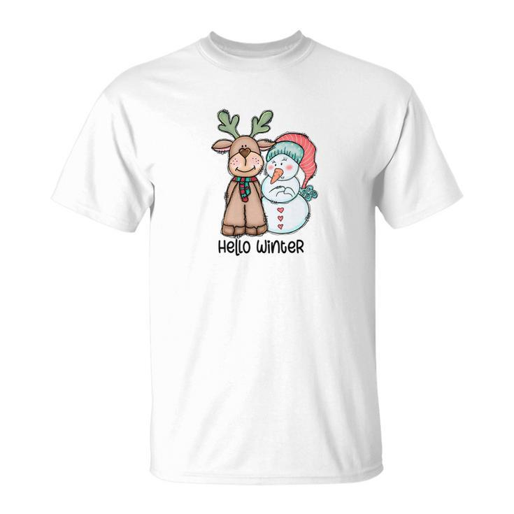 Cute Christmas Deer Snowman Hello Winter T-shirt