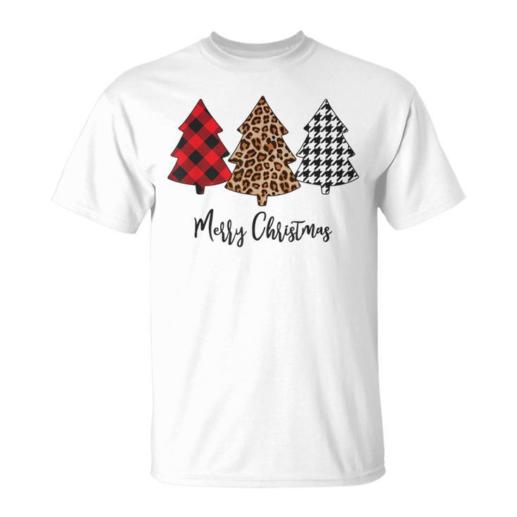 Cute Merry Christmas Tree Plaid And Leopard Top T-shirt