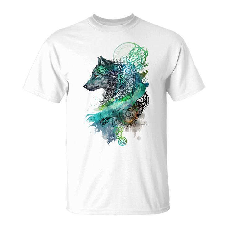 Fenrir Wolf Watercolor Viking Nordic Celtic Mythology Themed T-shirt