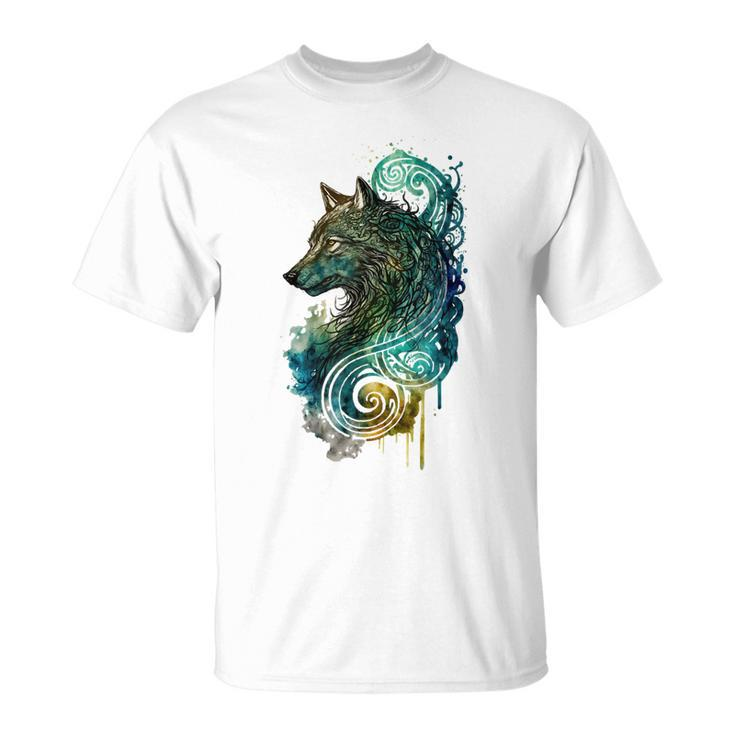 Fenrir Wolf Watercolor Viking Nordic Celtic Vikings Themed T-shirt