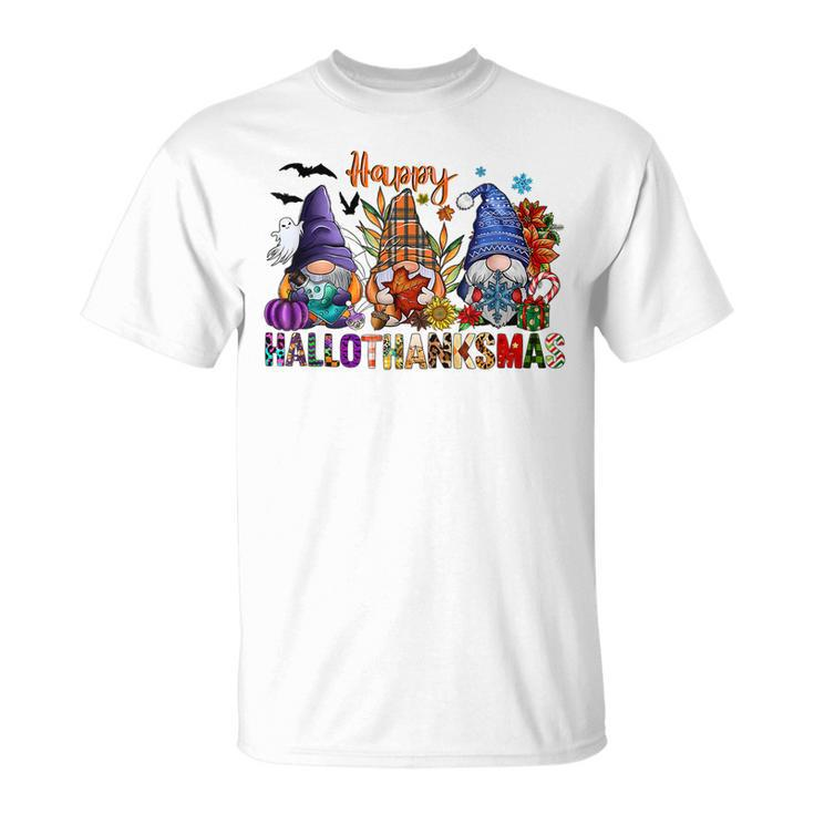 Happy Hallothanksmas Gnomes Halloween Thanksgiving Christmas V30 T-shirt