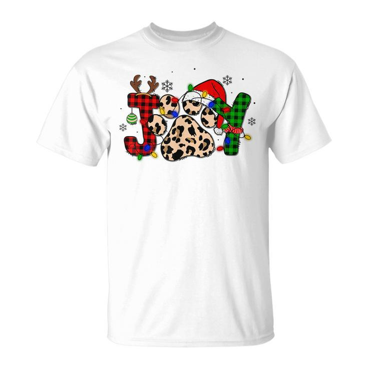 Joy Christmas Dog Paws Xmas Lights Leopard Buffalo Plaid Pjs T-shirt