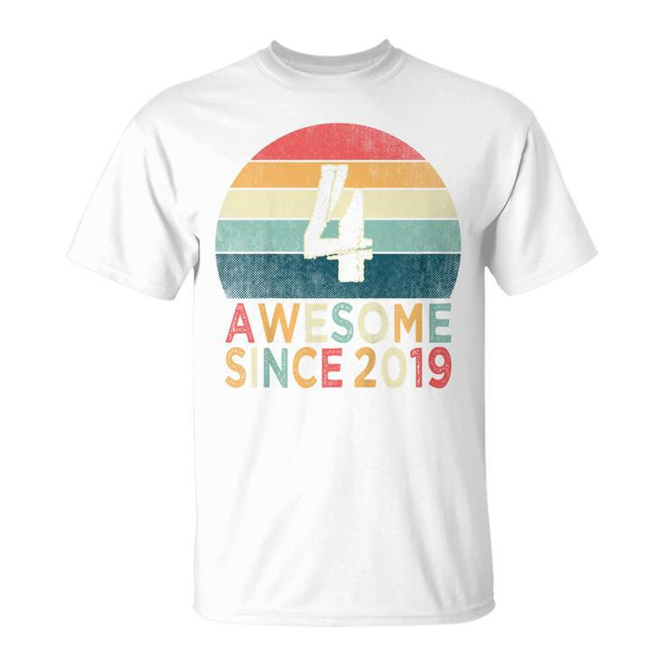 Kids 4Th Birthday Vintage Retro 4 Years Old Awesome Since 2019  Unisex T-Shirt