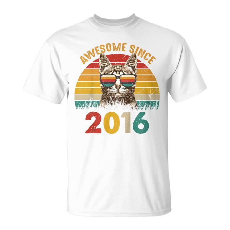 Kids 7Th Birthday Cat Lover Retro Sunset Awesome Since 2016 T-Shirt