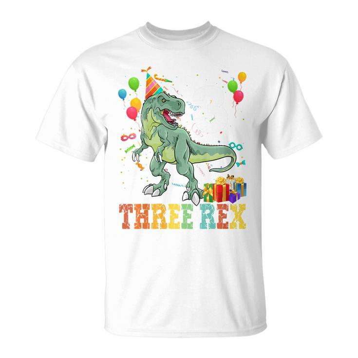 Kids Three Rex 3Rd Birthday GiftsRex Dinosaur 3 Years Old Boy Unisex T-Shirt