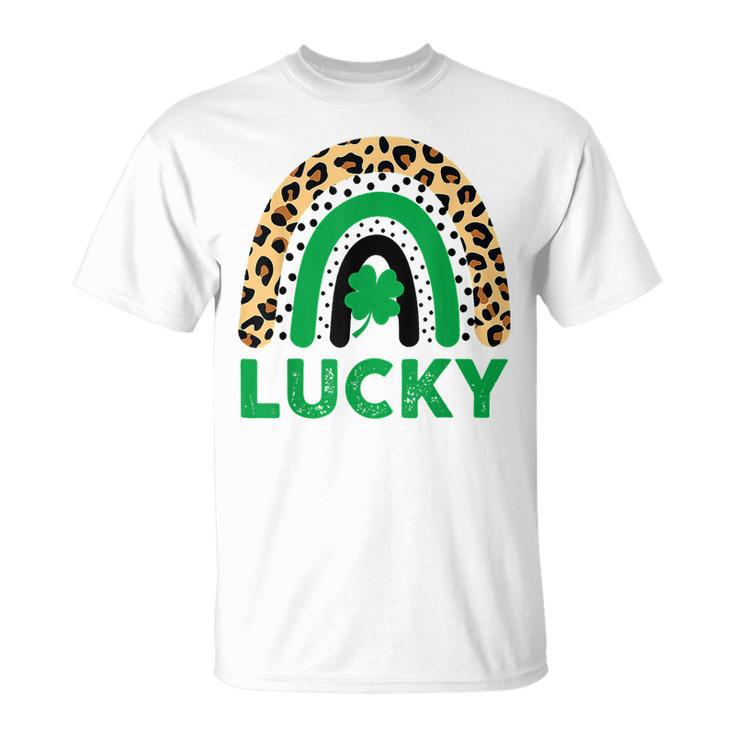 Lucky Shamrock Leopard Print Rainbow St Patricks Day T-Shirt