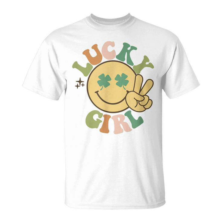 Lucky St Patricks Day Retro Smiling Face Shamrock Hippie  Unisex T-Shirt
