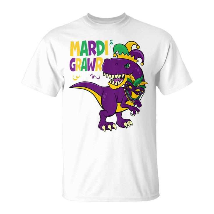 Mardi Grawr T Rex Dinosaur Mardi Gras Bead Kids Boys Girls T-Shirt