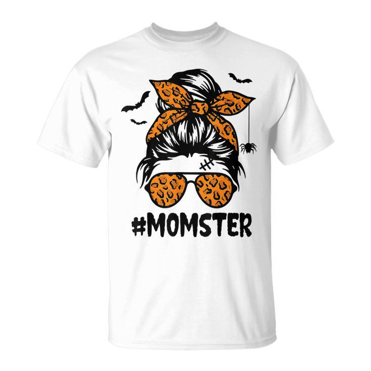 Momster For Halloween Mom Messy Bun Leopard T-shirt