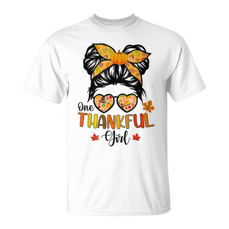 One Thankful Girl Thanksgiving Daughter Messy Bun Fall Girls V8 T-shirt