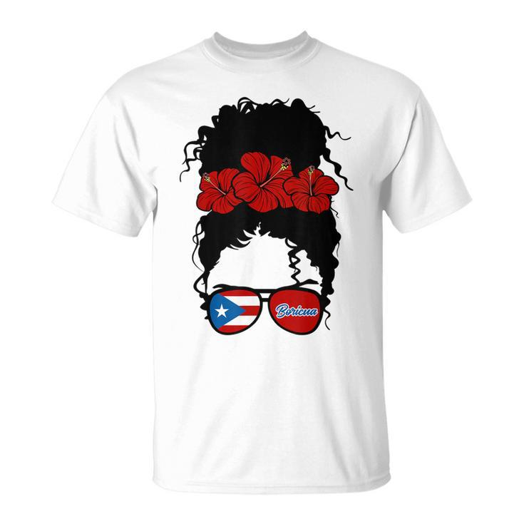 Puerto Rico Boricua Girl Flower Messy Hair Afro Girl Vintage T-shirt