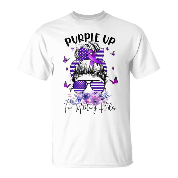 Purple Up For Military Kids Child Month Messy Bun Floral Unisex T-Shirt