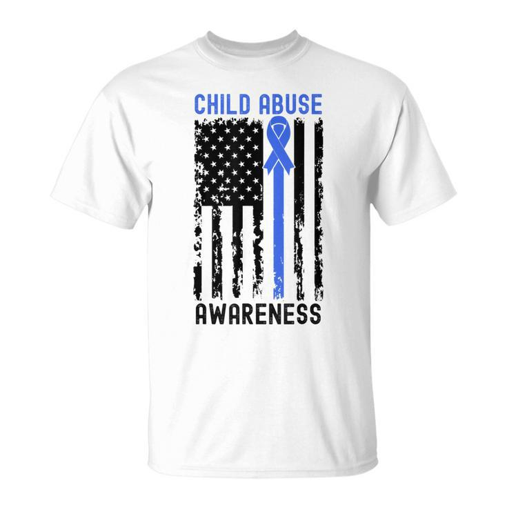 Stop Child Abuse Awareness Blue Ribbon American Flag  Unisex T-Shirt
