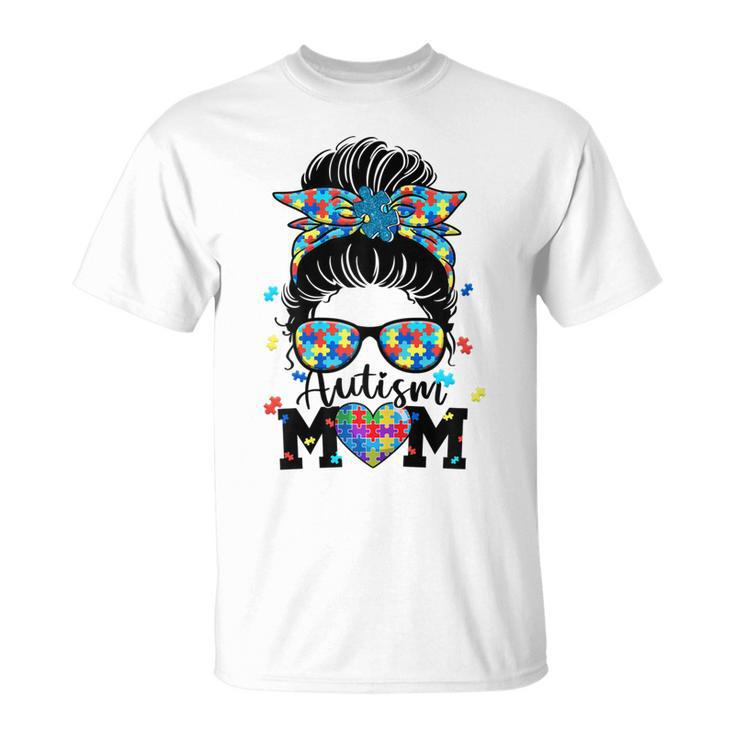 Womens Autism Mom Life Messy Bun Sunglasses Bandana Mother’S Day  Unisex T-Shirt