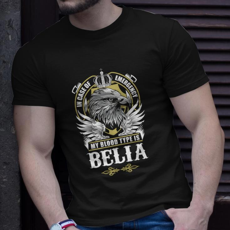 Belia Name- In Case Of Emergency My Blood Unisex T-Shirt Gifts for Him