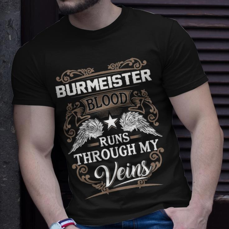Burmeister Name Gift Burmeister Blood Runs Through My Veins Unisex T-Shirt Gifts for Him