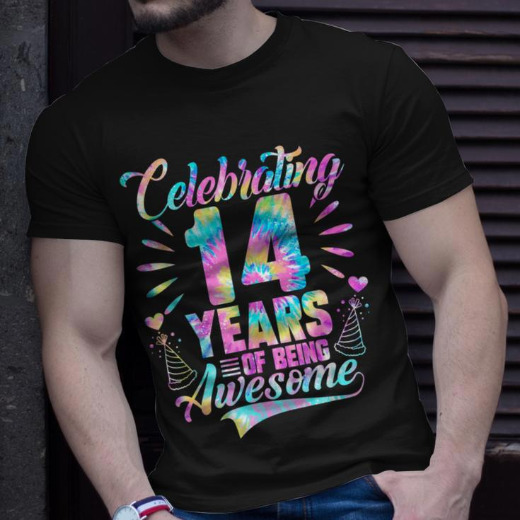 Celebrating 14 Year Of Being Awesome With Tie-Dye Graphic Unisex T-Shirt Gifts for Him