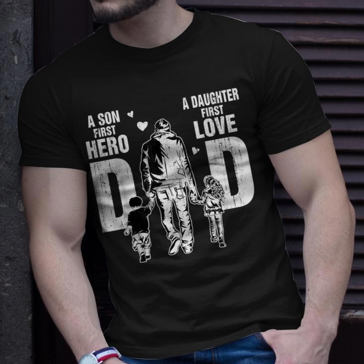 Dad A Sons First Hero A Daughters First Love Fathers Day Unisex T-Shirt Gifts for Him