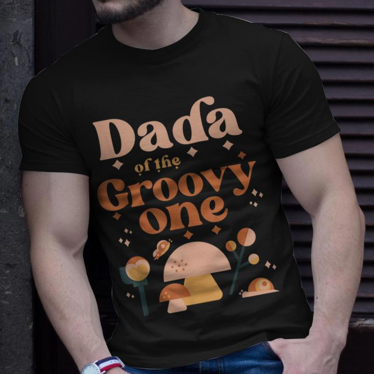 Mens Dada Of The Groovy One Boho 1St Birthday Hippie Mushroom Dad T-Shirt Gifts for Him