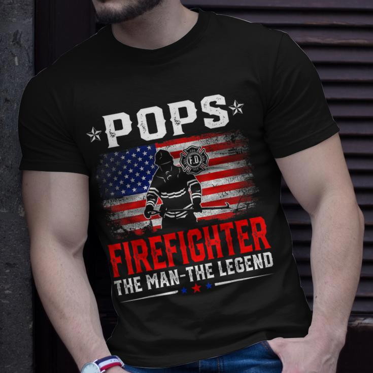 Distressed American Flag Pops Firefighter The Legend Retro Unisex T-Shirt Gifts for Him