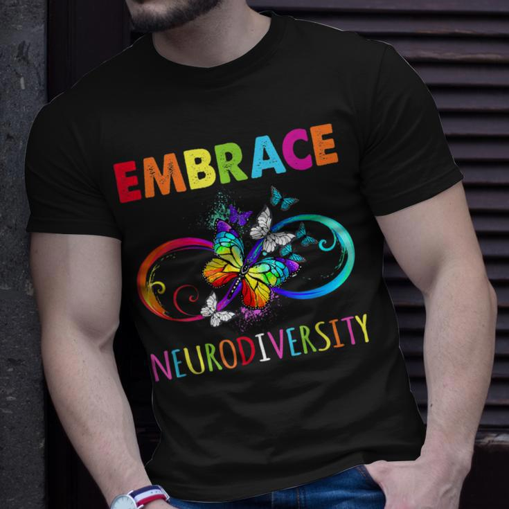 Embrace Neurodiverity Rainbow Infinity Butterfly Autism Unisex T-Shirt Gifts for Him