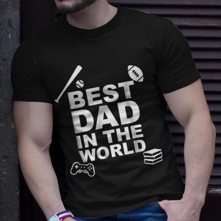 Fathers DayBest Dad Sports Video Games Books Gift For Mens Unisex T-Shirt Gifts for Him