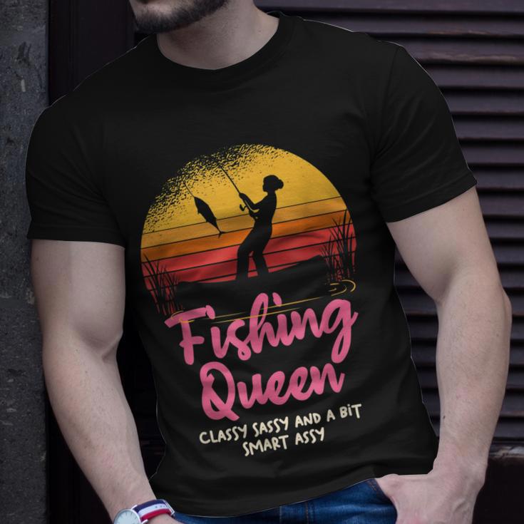 Fishing Queen Damen T-Shirt mit Angler-Sonnenuntergang und Spruch Geschenke für Ihn