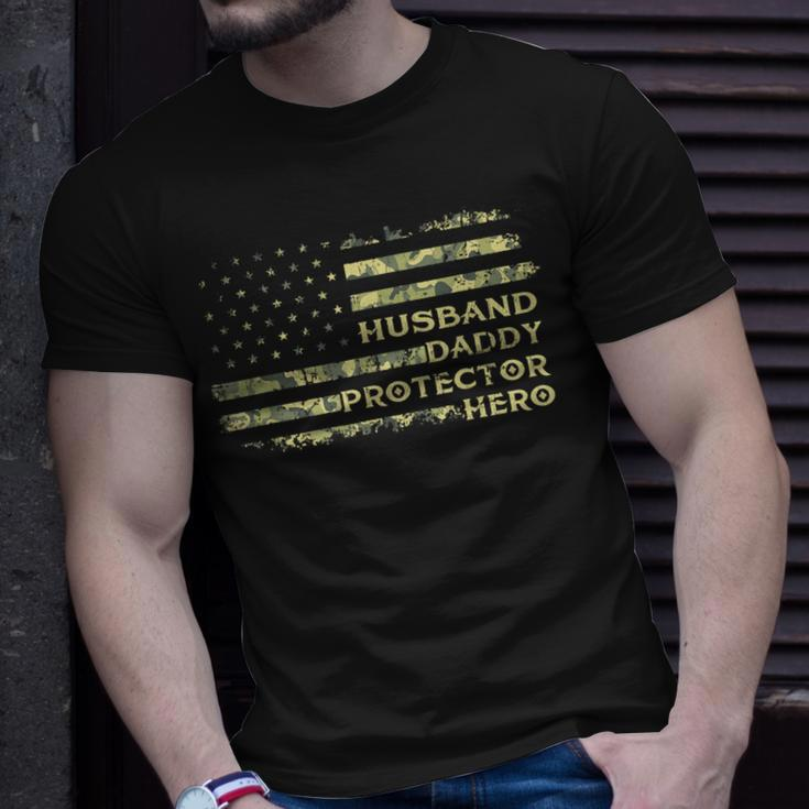 Husband Daddy Protector Hero Fathers Day Flag Dad Papa Gift For Mens Unisex T-Shirt Gifts for Him