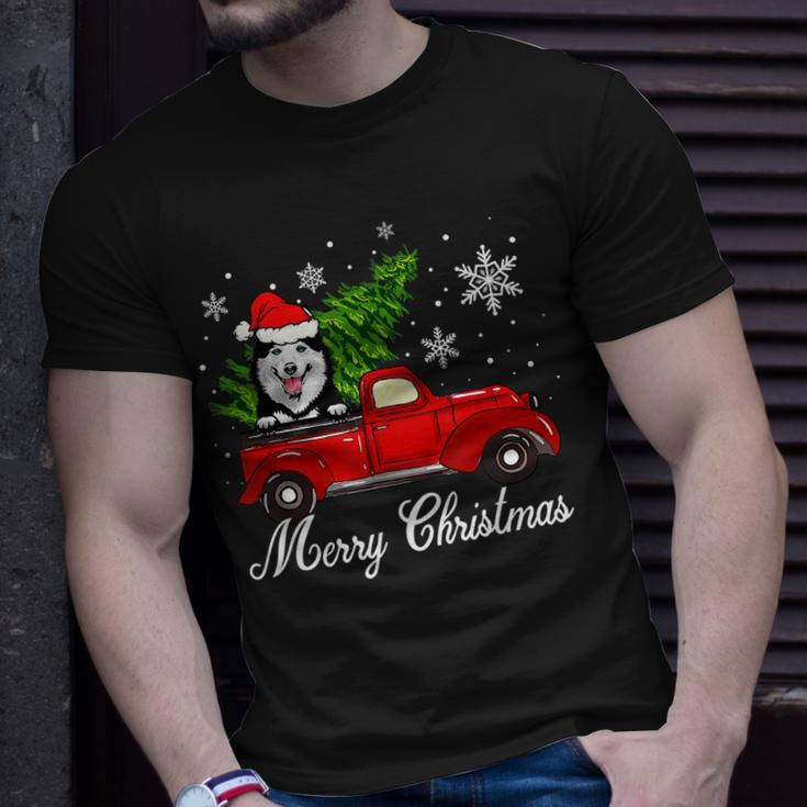 Husky Dog Riding Red Truck Christmas Decorations Pajama T-shirt Gifts for Him