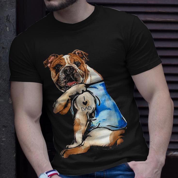 I Love Dad Tattoo English Bulldog Dog Dad Tattooed Gift Unisex T-Shirt Gifts for Him
