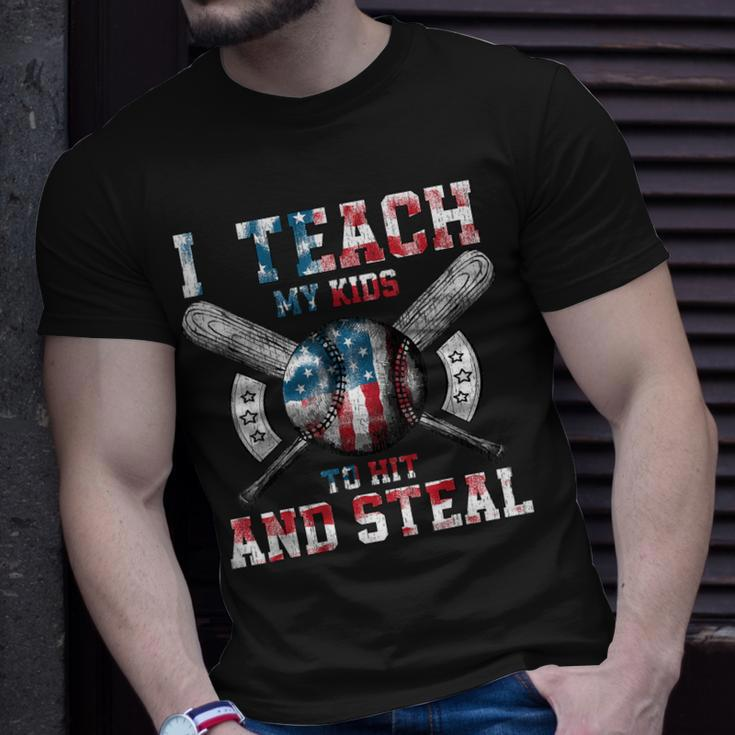 I Teach My Kids To Hit And Steal Baseball Dad American Flag Unisex T-Shirt Gifts for Him