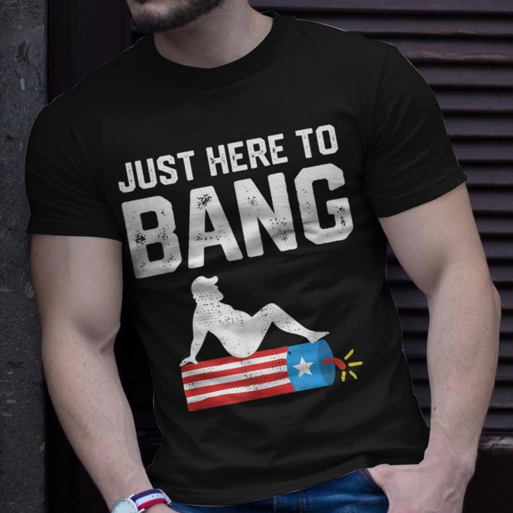 Just Here To Bang Funny Fireworks 4Th Of July Dad Bod Father Unisex T-Shirt Gifts for Him