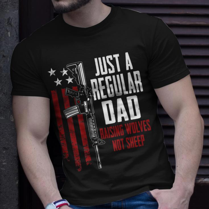Just A Regular Dad Raising Wolves Not Sheep Guns On Back T-Shirt Gifts for Him