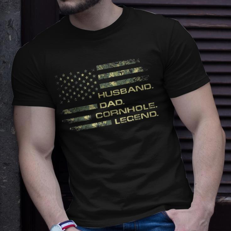 Mens Cornhole Husband Dad Cornhole Legend American Flag Unisex T-Shirt Gifts for Him