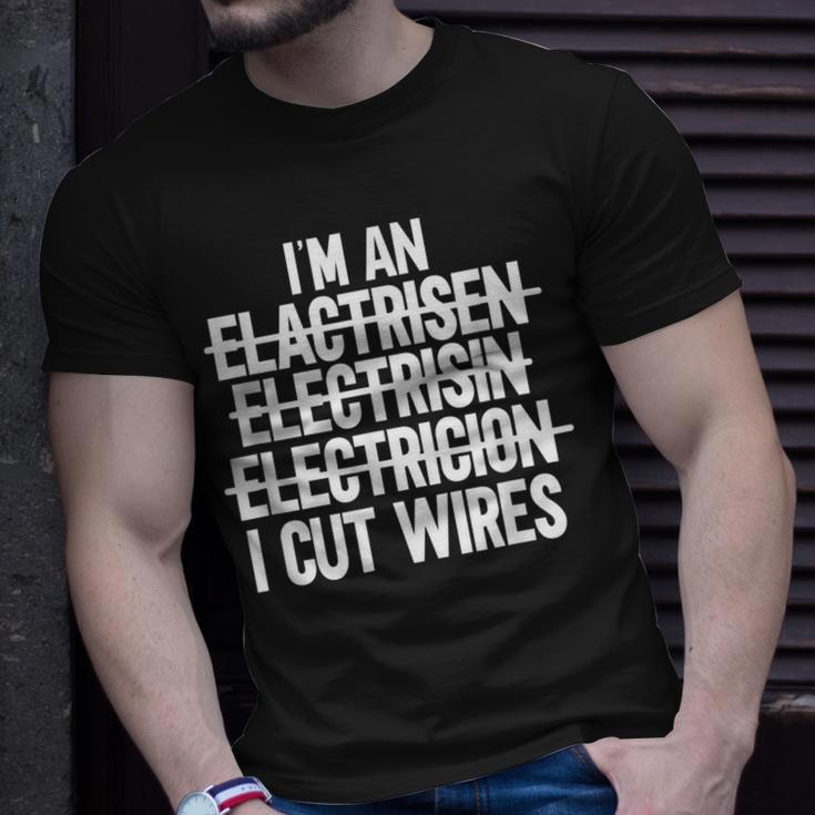 Mens Im An I Cut Wires Lineman Funny Electrician Unisex T-Shirt | Mazezy