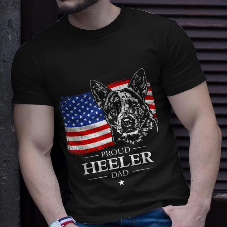 Mens Proud Cattle Dog Heeler Dad American Flag Patriotic Dog Unisex T-Shirt Gifts for Him